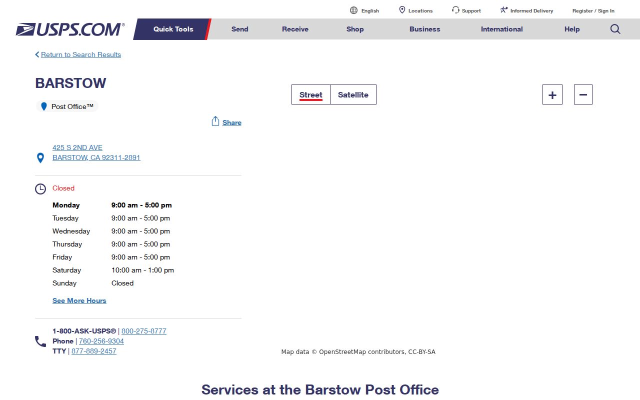 Barstow ZIP code directory USPS listing for the 92311 post office